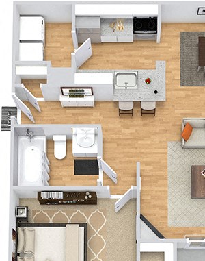 Abby 3D Abby 3D. 1 bedroom apartment. Kitchen with bartop open to living/dining room. Fire place. 1 full bathroom. Walk-in closet. Patio/balcony.